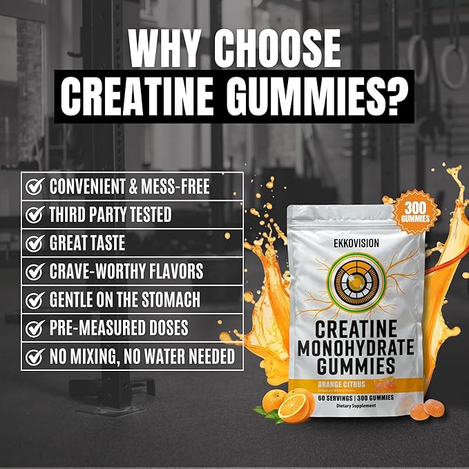 Ekkovision Creatine Monohydrate Gummies for Men and Women, Orange Citrus Flavor, Sugar Free Creatine Gummies for Pre Workout, Muscle Strength and Recovery, Vegan & Travel Friendly, 300 Ct, 60 Servings