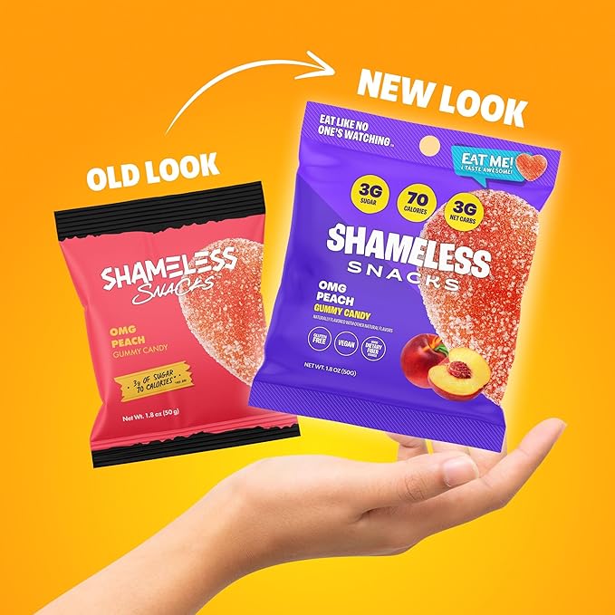 Shameless Snacks - Healthy Low Calorie Snacks, Low Carb Keto Gummies (Gluten Free) - 6 Pack OMG Peach
