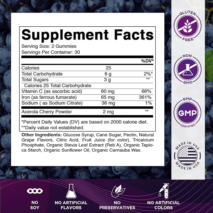 Vitamatic Iron 65 mg Gummies Supplement for Women & Men - 60 Vegan Gummies - Great Tasting Iron Gummy Vitamins with Vitamin C (1)