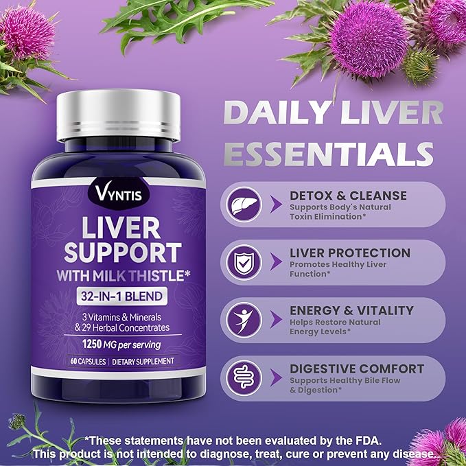 32-in-1 Liver Cleanse Detox & Repair - Liver Support Supplement with Milk Thistle, Artichoke Extract, Dandelion Root & Beetroot Powder for Liver Health - 1250mg per Serving (60 Capsules)