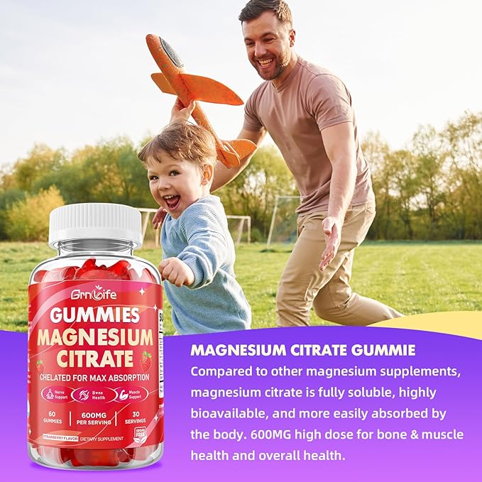 Magnesium Citrate Gummies 600mg for Women Men, High Absorption Magnesium Supplement Gummies for Calm, Relaxation, Muscle Health, Vegan, Strawberry Flavor, 60 Count