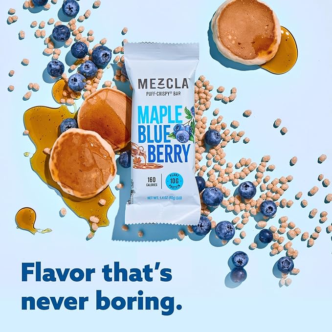 Mezcla Puff Crispy Protein Bars, Gluten Free & Vegan Protein Bars, 10g Protein, Alt for Crispy Rice Treat, Granola Bars & Breakfast Bars, Healthy Snacks for Adults, Maple Blueberry, 1 Count