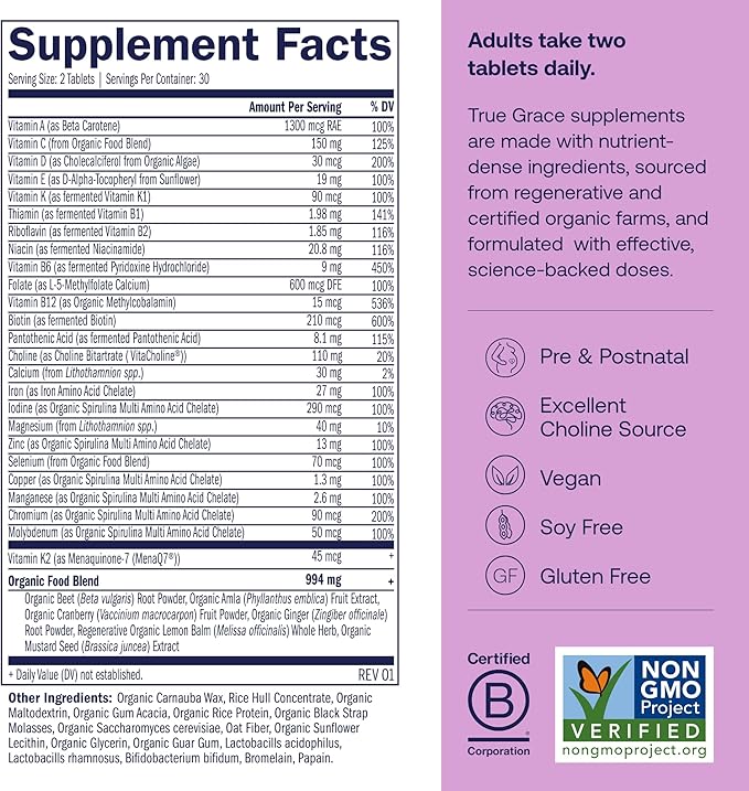 True Grace Prenatal Multivitamin - 30 Servings - Supports a Healthy Mom & Baby with Methylfolate & Choline for Fetal Brain Development - Gluten Free, Soy Free - 60 Vegan Tablets
