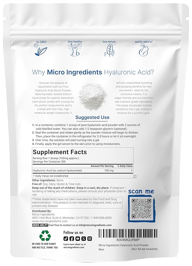 Micro Ingredients Hyaluronic Acid Serum Powder, 50 Grams | Low Molecular Weight, Cosmetics Grade | Skin Hydration and Moisture Support Supplements | Vegan, Water Soluble (Within 2 Hours)