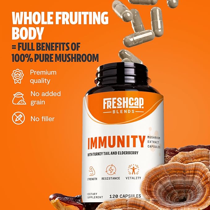 FreshCap 7-in-1 Immune Support Supplement - 5000mg Turkey Tail Mushroom Capsules - Immune Boosters for Adults, Immunity Boost Supplement, Elderberry Vitamin C and Zinc, Ayurveda (120 Capsules)