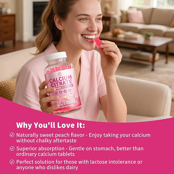 Calcium Citrate Gummies 1200 mg for Adults, High Absorption Calcium Supplement for Women & Men, Sugar Free, Non-GMO, Gluten Free, Supports Muscle & Immune - Natural Peach Flavor