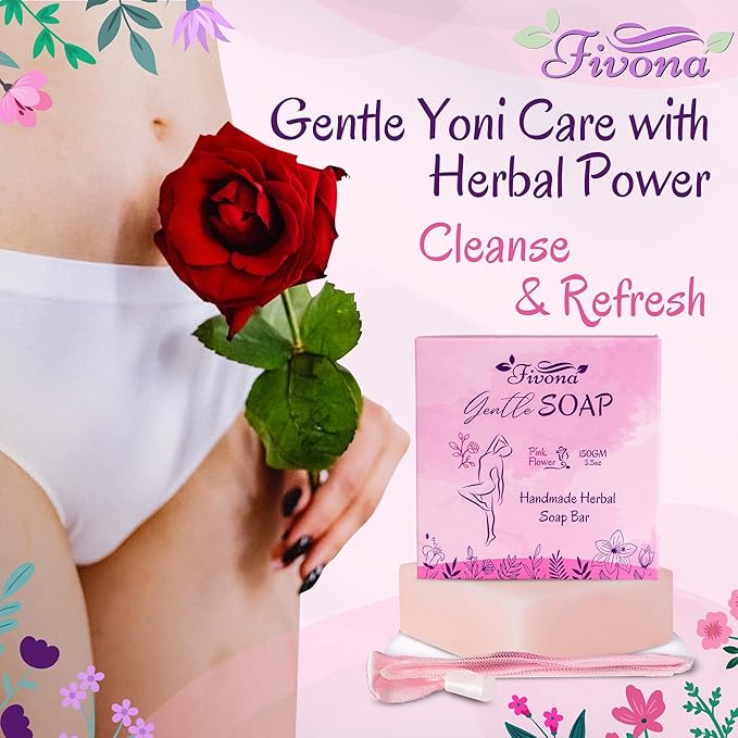 FIVONA Pink Yoni Soap Bar Set of 3 - Gentle Feminine Wash & Body Cleansing Bars, Herbal Soap with Natural Ingredients - 3 x 5.3 oz - Includes Mesh Foaming Net for Rich Lather & Light Exfoliation
