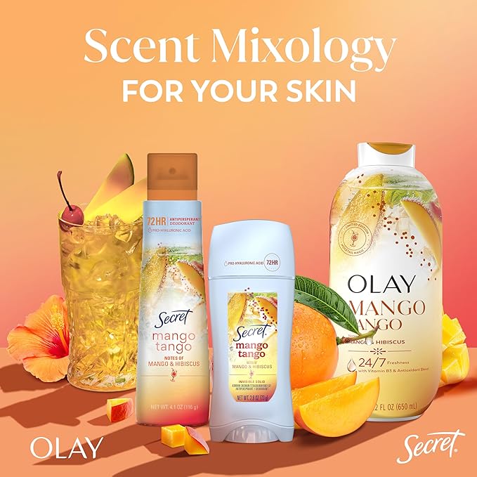 Olay Body Wash for Women, 24/7 Skin-Loving Freshness, Miami Mocktails, Plant Based Cleansers, Vitamin B3 & Antioxidant Blend, For All Skin Types, Mango Tango with Mango & Hibiscus Scent, 22 fl oz