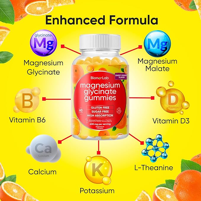 Magnesium Glycinate Chewable Gummies (600mg) for Kids & Adults Women Men - Vegan Complex with Calcium Potassium Vitamin D B6 L-Theanine Advanced Magnesium Complex - Sugar & Gluten Free - Orange Flavor