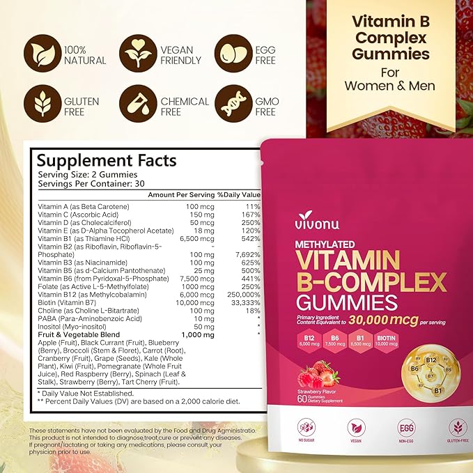 VivoNu Vitamin B Complex Gummies, 6000 mcg Methylated Vitamin B12, with B6 B1, B2, B3, B5, B7, Methylfolate, Vitamins A C D E, Vegan, Non GMO, Methylated B Complex Vitamin (4 Bag)