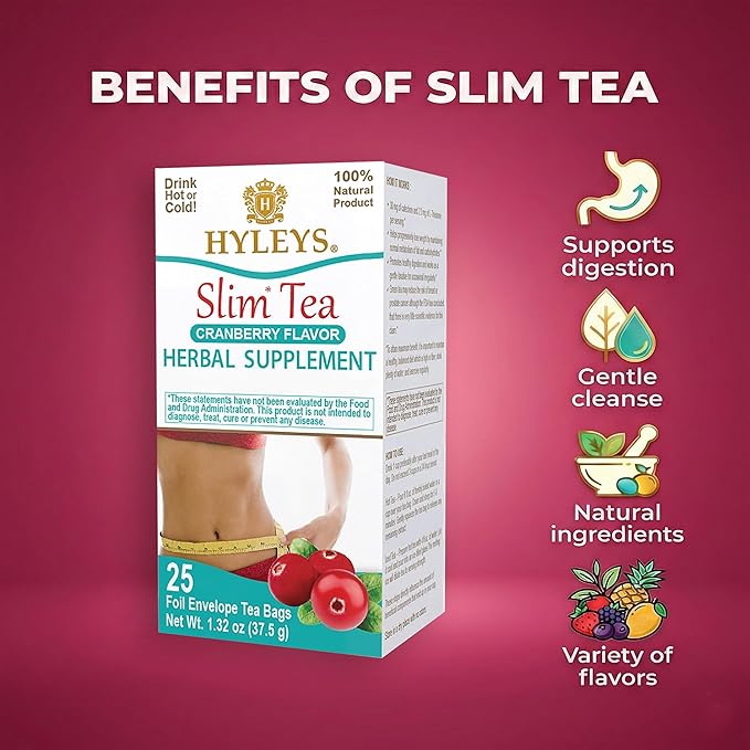 Hyleys Slim Tea Cranberry Flavor - Weight Loss Herbal Supplement Cleanse and Detox - 25 Tea Bags (12 Pack)