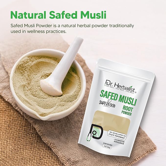 Dr. HERBALIST | 100% Natural Safed Musli Powder 200g (7.05 oz) | Premium Quality for Traditional Use, DIY, Herbal Blends & Wellness Rituals
