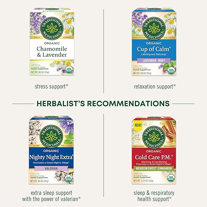 Traditional Medicinals Organic, Nighty Night Tea, Chamomile & Passionflower - Herbal Sleep Aid Teas - Kosher, Non-GMO, Caffeine-Free, Compostable - 16 Tea Bags