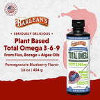 Barlean's Vegan Omega 3 6 9 Flaxseed, Borage and Algae Oil Liquid Supplement, Pomegranate Blueberry, 3,980 mg GLA, EPA and DHA Fatty Acid, Vegan, 16 oz