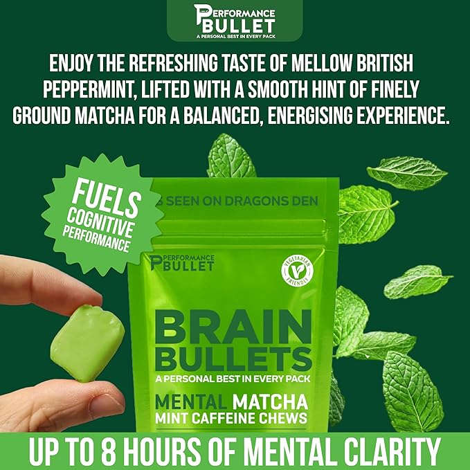 160mg L-Theanine + 80mg Caffeine Chews – Mint Matcha Flavour, Increases Productivity, Mental Clarity, Alertness | 2 Packs - 16 Servings | Brain Bullet | Energy Gum & Focus Gummy Upgrade