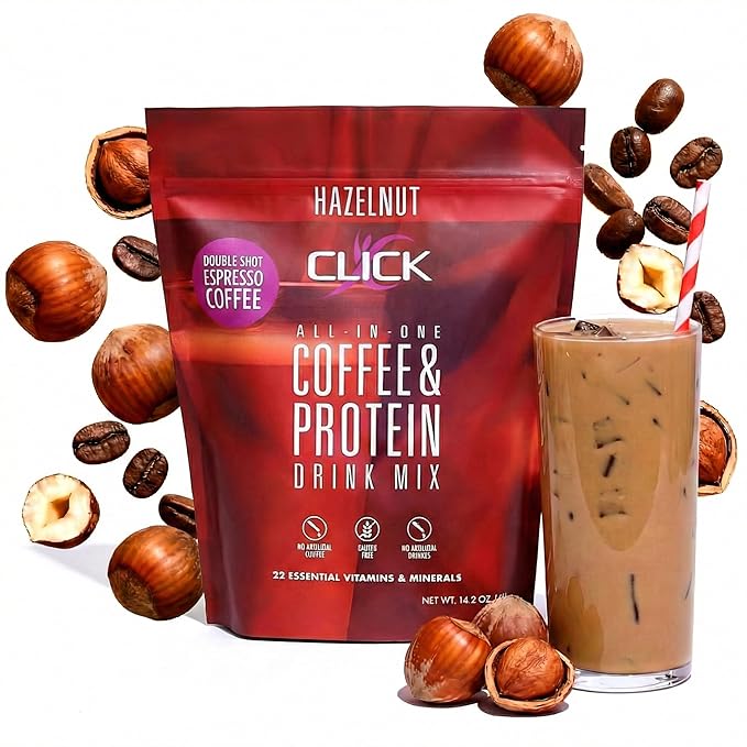 Click Coffee Protein Powder | Double Shot Espresso | 16g Protein | 23 Essential Vitamins | Low Calorie Meal Replacement | 150mg Caffeine | Gluten Free | No Artificial Flavors or Colors | Hazelnut