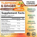 Turmeric Curcumin Supplement - 95% Curcuminoids with Organic Turmeric & Ginger, BioPerine Black Pepper Extract for Best Absorption, Natural Vegan Joint Support, Non-GMO, Bottled in USA - 120 Capsules