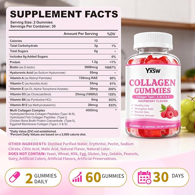 Collagen Gummies for Women Men, Hydrolyzed Collagen Protein Type I II III V X with Biotin Vitamin C A B D E Hyaluronic Acid for Hair, Skin, Nails, Joint, Immune Support, Raspberry Flavor, 120 Count