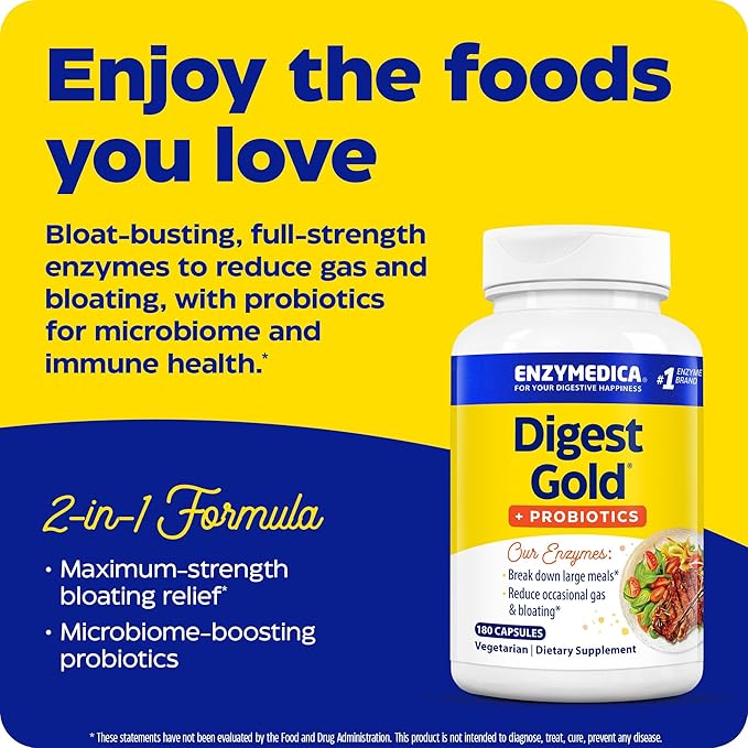 Enzymedica Digest Gold + Probiotics, 2-in-1 Digestive Enzymes & Probiotic Support, Promotes Gut Health with 1 Billion Active Cultures, 180 Capsules