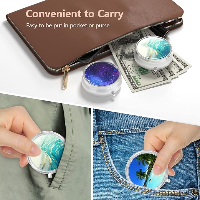 3 Pack Pill Box, Small Pill Case for Purse & Pocket, Cute Travel Medicine Organizer, Portable Medicine Container Holder to Hold Vitamins, Medication, Fish Oil & Supplement, Beach & Galaxy