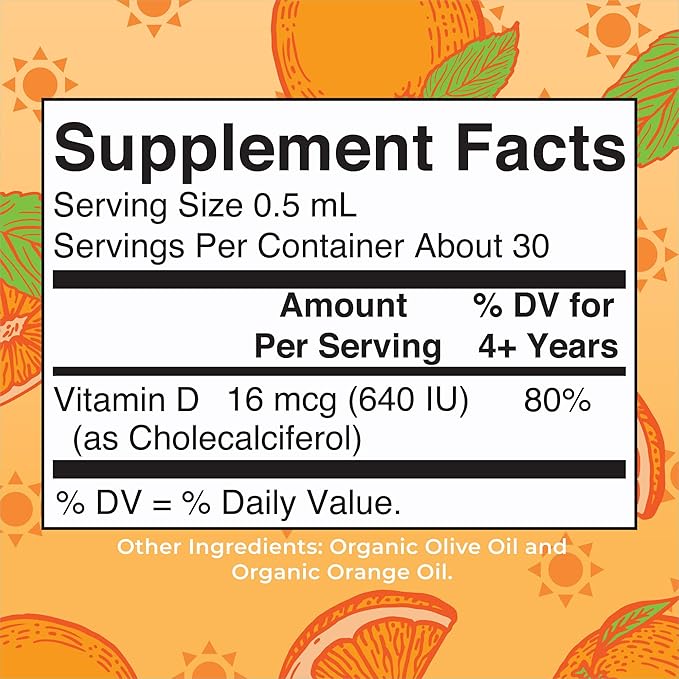MARYRUTH'S USDA Organic Vitamin D3 Liquid Drops for Kids | 640 IU Vitamin D3 Per Serving | Kids Immune Support & Bone Health Supplement | Formulated for Ages 4-13 | 0.5oz | 30 Servings