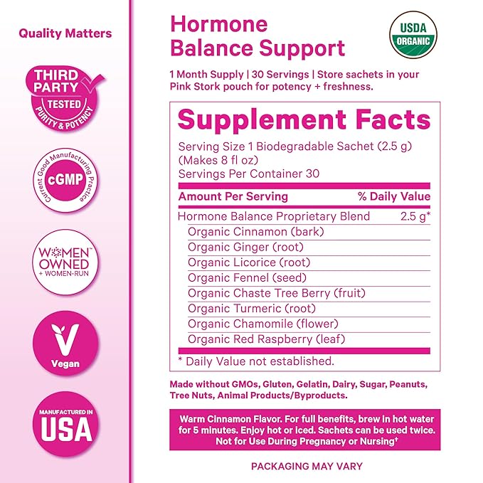 Pink Stork Hormone Balance Tea for Women – Red Raspberry Leaf & Chasteberry (Vitex) – Organic Herbal Tea for PMS, Menstrual Cycle & Perimenopause Support – Caffeine-Free Cinnamon Blend – 30 Cups
