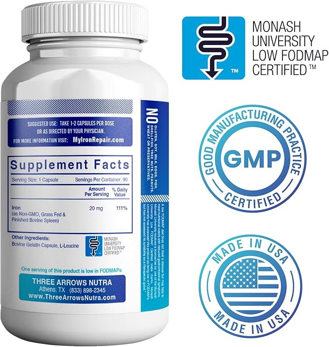 Iron Repair Simply Natural Iron Supplement, Best Absorption & Gentle on Stomach, Monash Low FODMAP, Raise Hemoglobin & Ferritin Iron Pills for Women, Men, Teens, & Pregnancy 90 Bovine Gelatin Capsules
