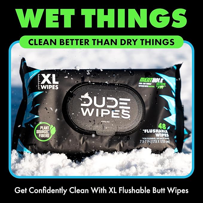 DUDE Wipes MentHOLE XXtreme Flushable Wipes - Menthol Infused Extra-Large Adult Wet Wipes - 1 Pack (48 Count), Travel Pack - Infused with Menthol for a Cooling Sensation - Septic and Sewer Safe