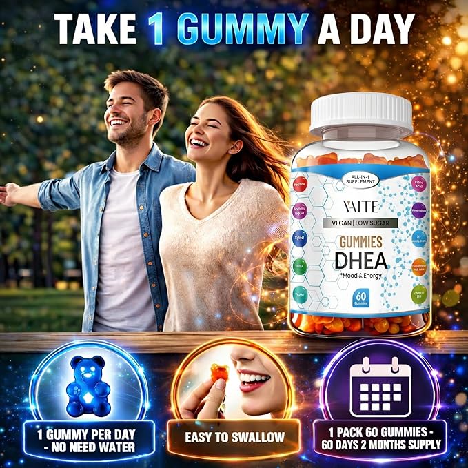 VAITE DHEA 50mg Gummies for Men and Women – Hormone Balance, Energy & Mood Support – Immune System Booster – Vegan, Gluten-Free, Non-GMO – Perimenopause & Menopause Supplement 60 Chews
