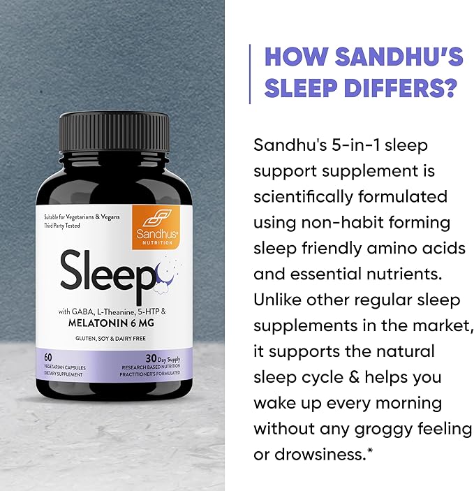 Sandhu's Sleep 60 Capsules –Non-Habit Forming 5-in-1 Sleep Aid Supplement with Melatonin, Magnesium, GABA, L-Theanine & 5-HTP