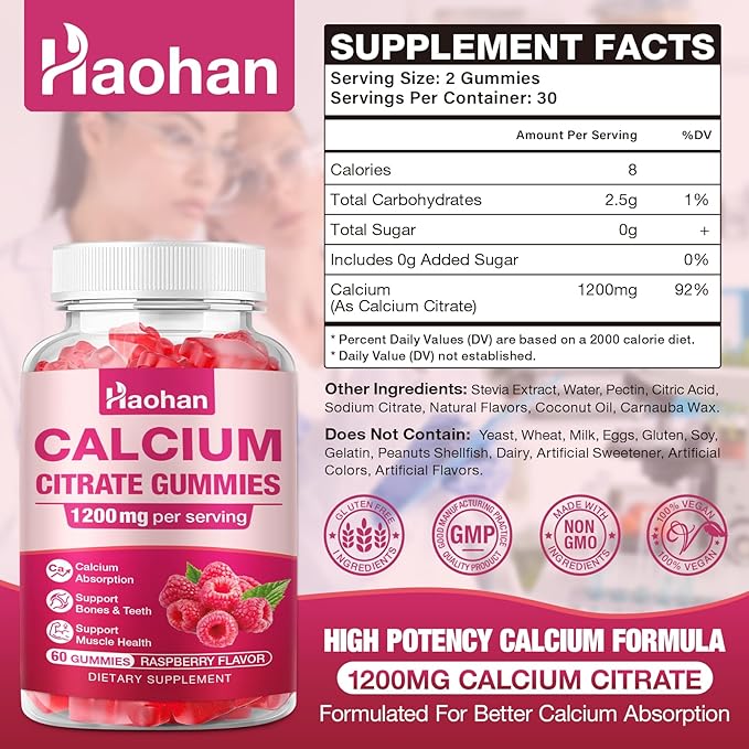 Calcium Citrate Gummies 1200mg - Sugar-Free Chewable Supplement for Women & Men with Bone, Muscle & Immune Support - Raspberry Flavor, 60 Count