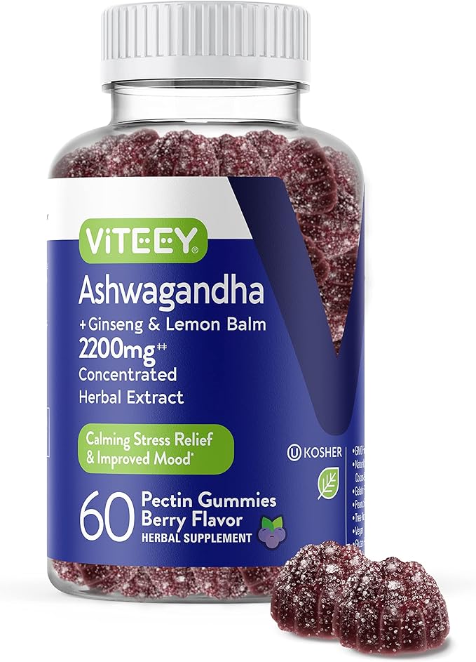 Viteey Ashwagandha Gummies with Ginseng & Lemon Balm - Mood, Calm & Stress Support Ashwagandha Supplements - Vegan, Gluten-Free - 60 Count