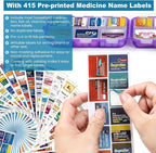 14 Grids Travel Pill Organizer Box with 415-Pcs Medicine Name Labels, Pocket Daily Pharmacy Case Container, Travel Medication Holder Dispenser Kit for Fish Oil Vitamin Supplement Storage -Clear Purple