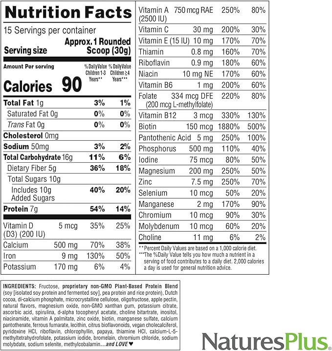 NaturesPlus SPIRU-TEIN Junior, Chocolate - 1 lb - Plant-Based Protein Powder Shake for Kids - Gluten Free & Vegetarian - 15 Servings