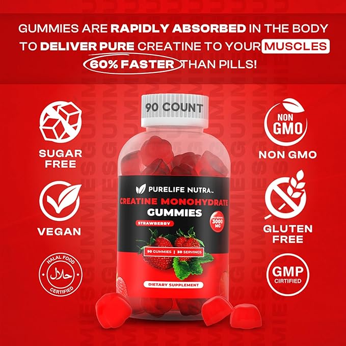 Creatine Monohydrate Gummies - 3g Serving, Sugar Free, 90 Count, Non-GMO, Designed for Men & Women, Gluten Free, Non Bloating - Vegan, Halal, Kosher. (90 Units, Strawberry)
