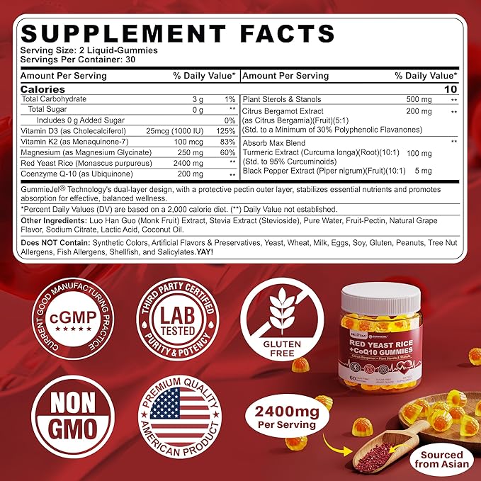 Red Yeast Rice Gummies 2400MG with CoQ10, Suagr Free Balanced Chṏlesterṏl Supplements Plus Citrus Bergamot, Plant Sterols & Stanols Supports Vḁsculḁr Health, Energy, Immunity for Age 50+,Vegan,60 Cts