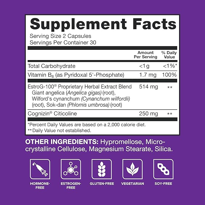Qunol Menopause Relief + B6 Hormone & Estrogen Free Supplement, Menopause Support for Brain Fog, Hot Flashes, Night Sweats, Mood Swings, 60 Capsules