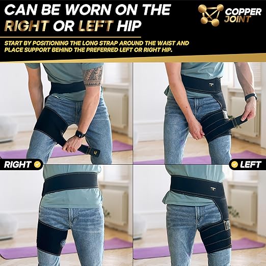 CopperJoint Hip Brace for Women & Men, Adjustable Hip and Thigh Compression Wrap, Left or Right Wear, Groin, Hamstring and Upper Thigh Support, One Size