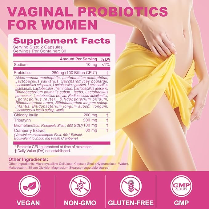Vaginal Probiotics for Women, 100 Billion CFU with Akkermansia Probiotics & Prebiotics & Synbiotics Supplement for Vaginigal Health, pH Balance, Moisture, Odor Control, Non-GMO, Third-Party Tested