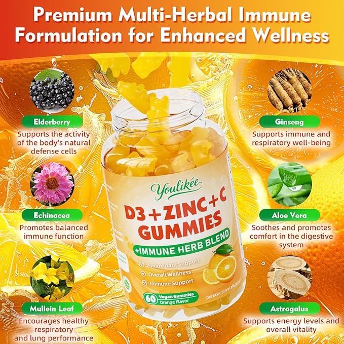Vitamin C + D3 + Zinc Gummies for Adults, Immune Support Supplement with Elderberry, Echinacea & Mullein Leaf - Antioxidant Support, Sugar Free, Orange Flavor, 60 Count