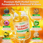 2 Pack Vitamin C + D3 + Zinc Gummies for Adults, Immune Support Supplement with Elderberry, Echinacea & Mullein Leaf - Antioxidant Support, Sugar Free, Orange Flavor, 120 Count