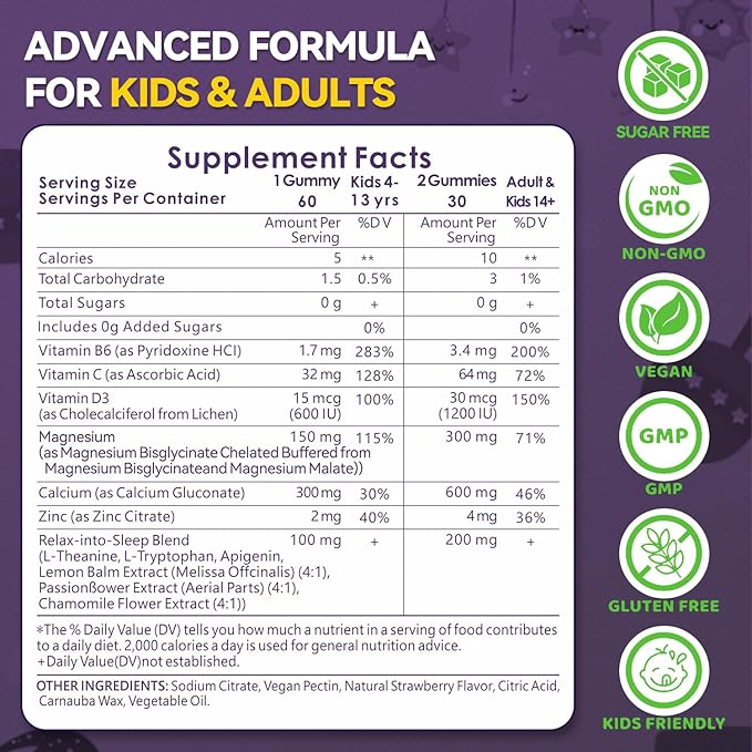 Magnesium Glycinate + Calcium Gummies for Kids Sugar Free Magnesium Gummy Kids Sleep Gummies Melatonin Free Magnesium Supplement for Children Zzz & Relax, Brain, Bone