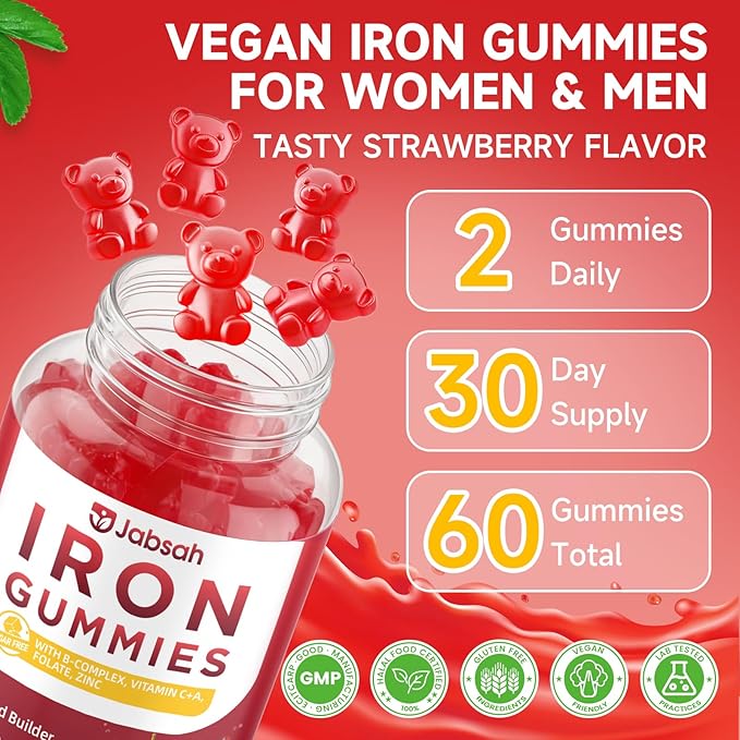 Vegan Iron Gummies for Women & Men, Iron Supplement with B-Complex, Vitamin C, A, Folate for Adults & Kids - Blood Builder & Energy Support & Immune Health - Strawberry Flavor, 120 Gummies