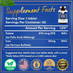 Iron and Folic Acid Supplements for Women - 35mg Gentle Iron Vitamin, Folic Acid 400mcg - Anemia, Period, Pregnancy Support Supplement, Ferrous Sulfate Pills - 60 Vegan Non-Constipating Tablets