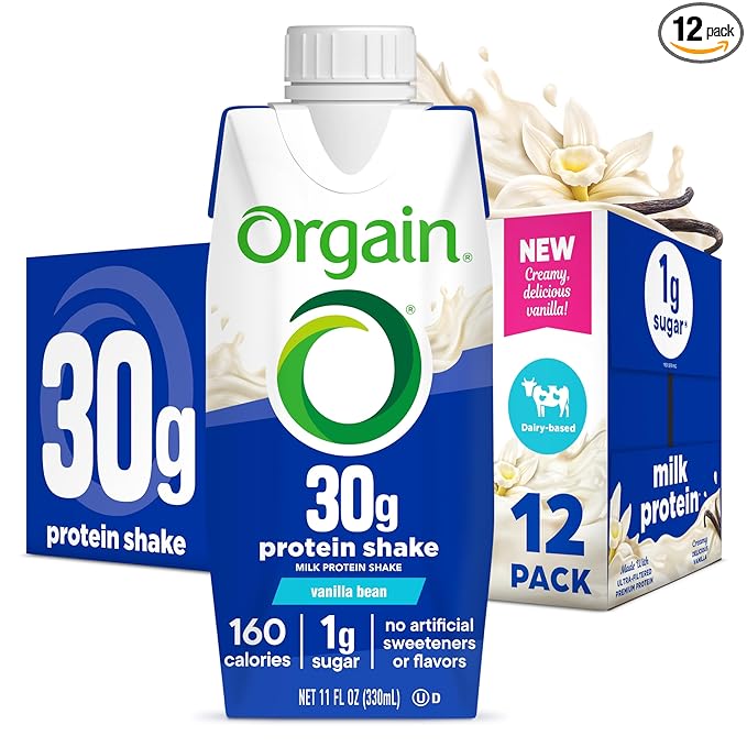 Orgain 30g High Protein Shake, Dairy Isolate Milk Protein, Vanilla Bean, 5g BCAAs, 1g Sugar per Serving, Meal Replacement, Ready to Drink, Keto Friendly, Gluten-Free, 11 Fl Oz, 12 Bottles