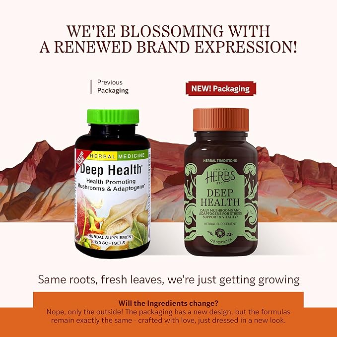 Herbs Etc. Deep Health - Daily Use Adaptogen Supplement - Aids Immune Health & Energy - with Reishi Mushroom - 120 Softgels (120 Servings)