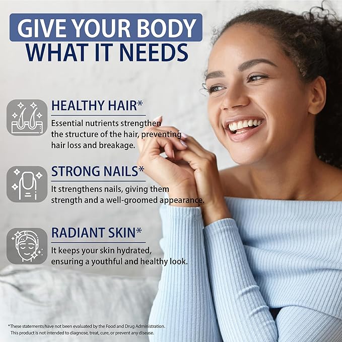 Biotin with Hyaluronic Acid, Keratin and Collagen Supplements - 10000mcg for Hair Growth Women and Men - Hair Skin and Nails Vitamins - 120 Capsules
