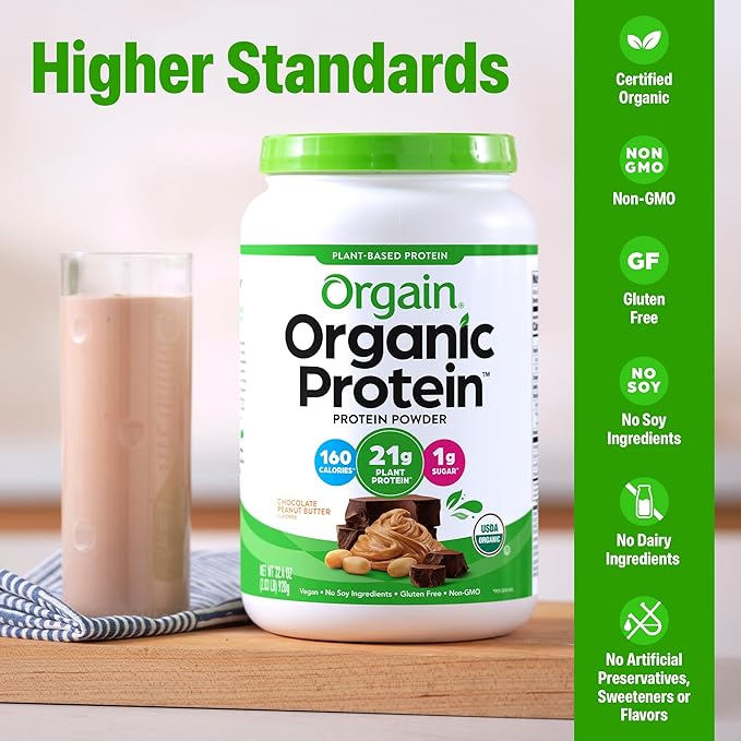 Orgain Organic Vegan Protein Powder, Chocolate Peanut Butter - 21g Plant Protein, 6g Prebiotic Fiber, Low Net Carb, No Lactose Ingredients, No Added Sugar, Non-GMO, For Shakes & Smoothies, 2.03 lb
