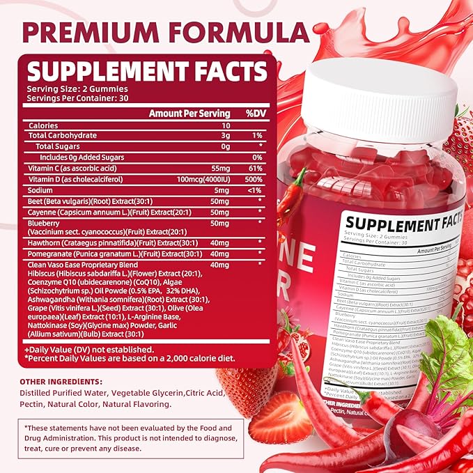 2 Pack Cayenne Pepper Beet Root Gummies, with Beetroot Garlic CoQ10 Hawthorn Berry Grape Seed Extract Olive Leaf Nattokinase Hibiscus Vitamin D Nitric Oxide, Support Overall Wellness, 120 Count