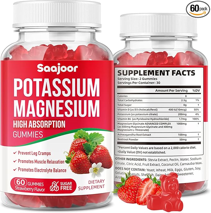 Potassium Magnesium Gummies,High Absorption Magnesium Glycinate,D3 & B6,Potassium Citrate - for Muscle Support, Leg Cramps & Electrolyte Balance - Vegan, Non-GMO, Strawberry Flavor, 60 Count